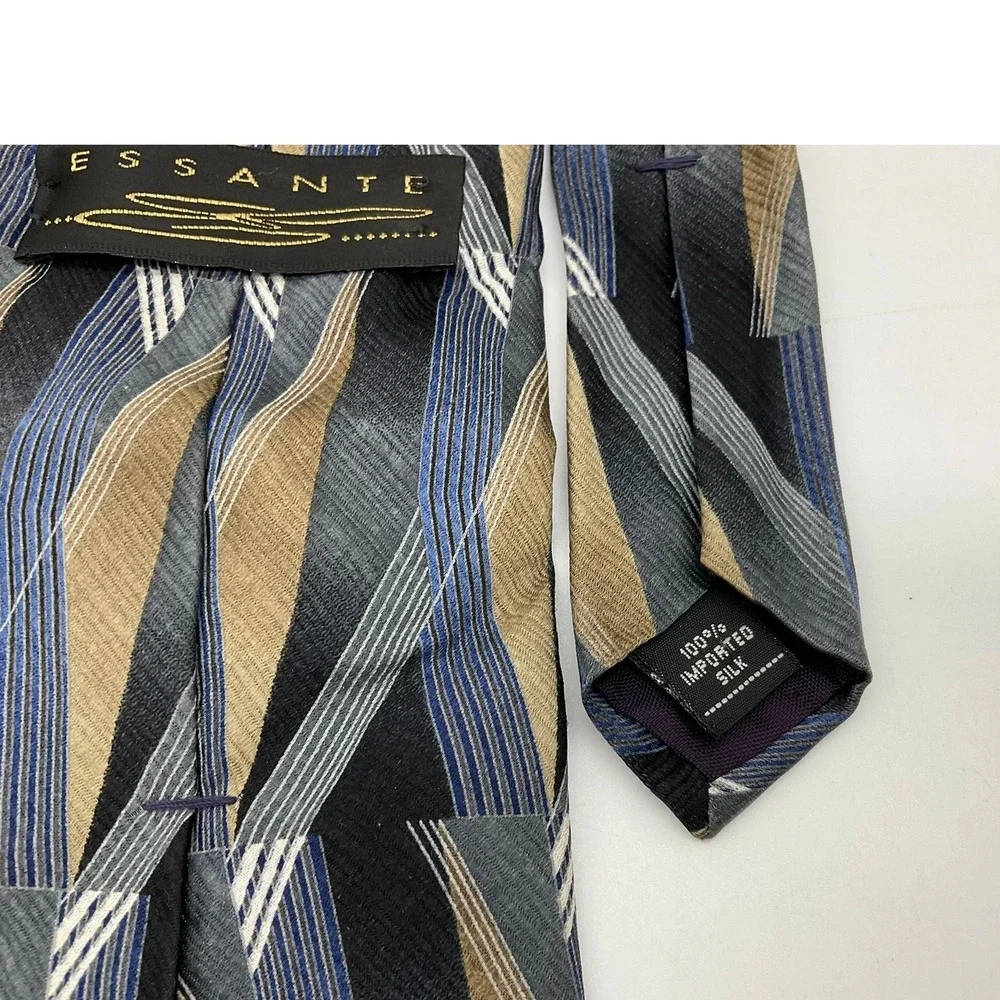 Essante Necktie Men Blue Tan Geometric 100% Silk Abstract Professional Accessory
